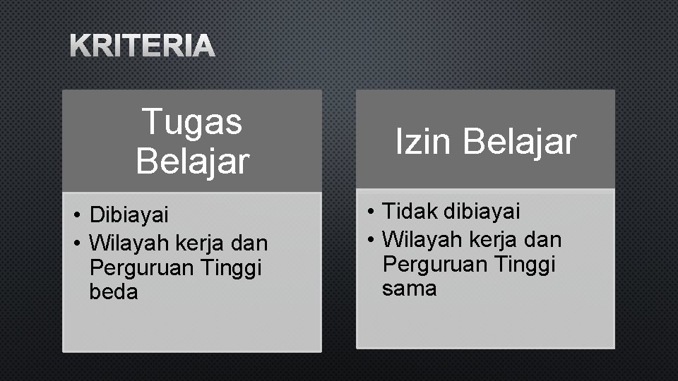 KRITERIA Tugas Belajar • Dibiayai • Wilayah kerja dan Perguruan Tinggi beda Izin Belajar