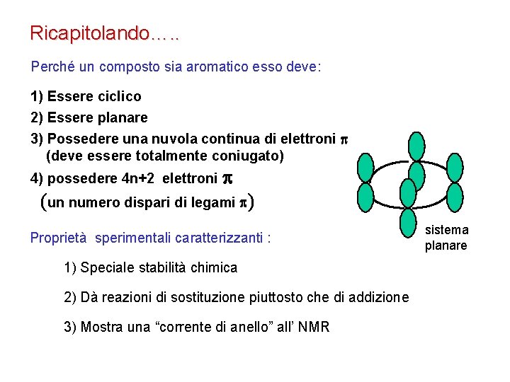 Ricapitolando…. . Perché un composto sia aromatico esso deve: 1) Essere ciclico 2) Essere