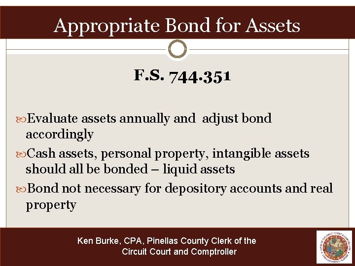 Appropriate Bond for Assets F. S. 744. 351 Evaluate assets annually and adjust bond