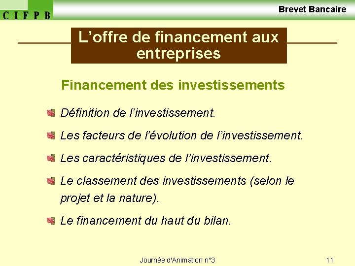  Brevet Bancaire L’offre de financement aux entreprises Financement des investissements Définition de l’investissement.