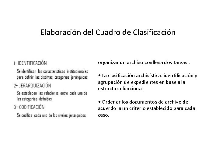 Elaboración del Cuadro de Clasificación organizar un archivo conlleva dos tareas : • La