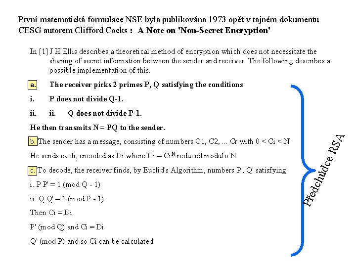 První matematická formulace NSE byla publikována 1973 opět v tajném dokumentu CESG autorem Clifford