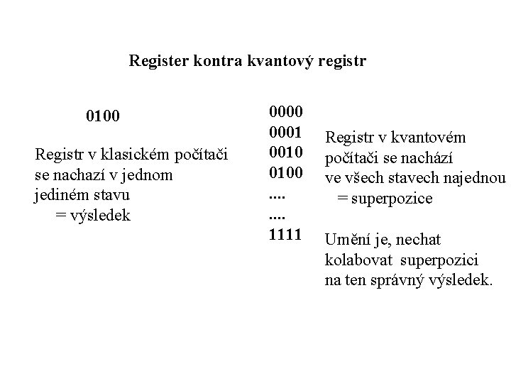 Register kontra kvantový registr 0100 Registr v klasickém počítači se nachazí v jednom jediném