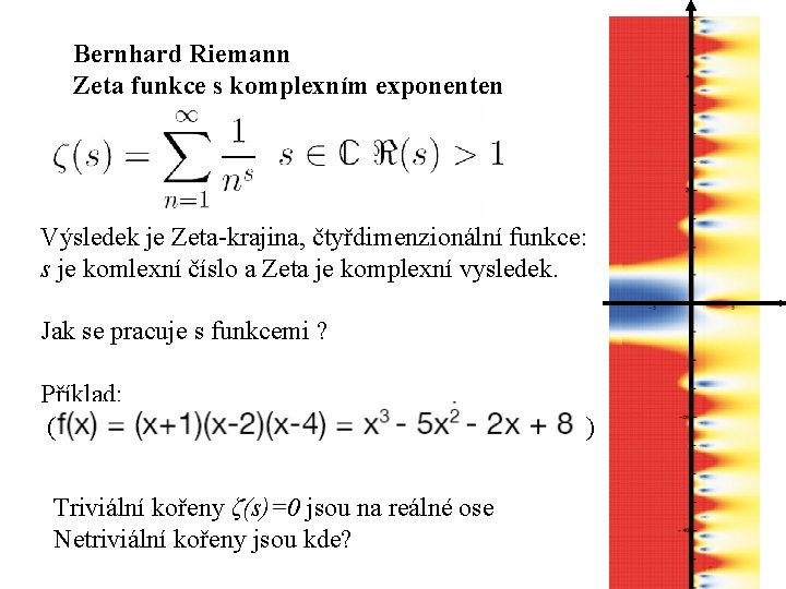 Bernhard Riemann Zeta funkce s komplexním exponenten Výsledek je Zeta-krajina, čtyřdimenzionální funkce: s je