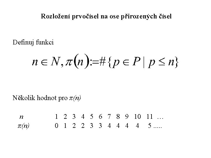 Rozložení prvočísel na ose přirozených čísel Definuj funkci Několik hodnot pro π(n) n 1