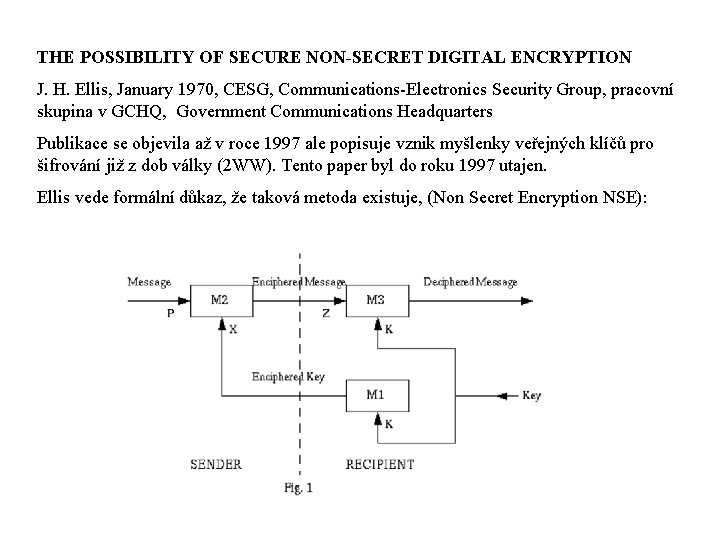 THE POSSIBILITY OF SECURE NON-SECRET DIGITAL ENCRYPTION J. H. Ellis, January 1970, CESG, Communications-Electronics