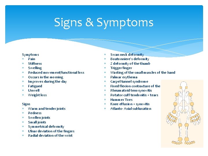 Signs & Symptoms Pain Stiffness Swelling Reduced movement/functional loss Occurs in the morning Improves