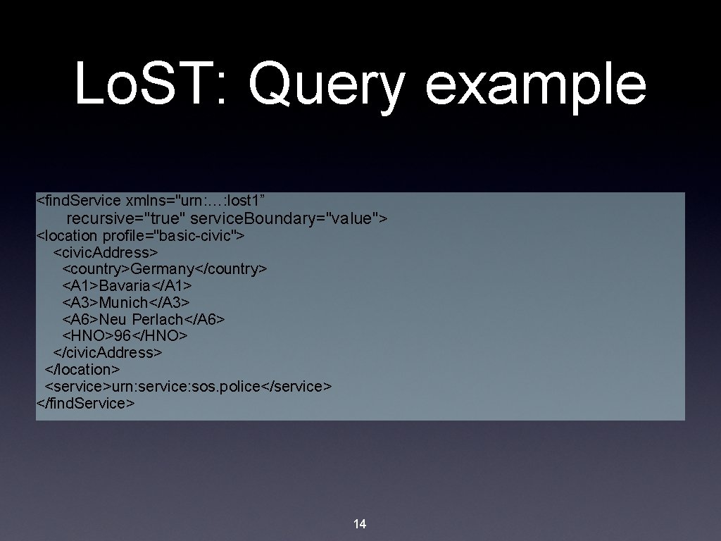 Lo. ST: Query example <find. Service xmlns="urn: …: lost 1” recursive="true" service. Boundary="value"> <location