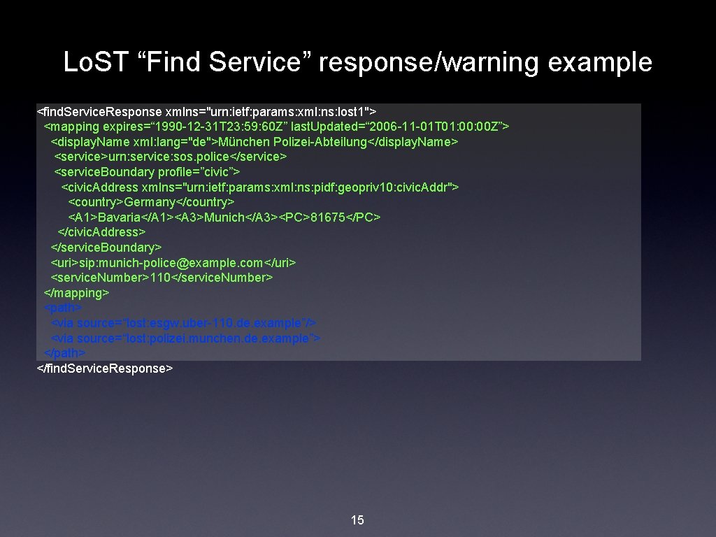 Lo. ST “Find Service” response/warning example <find. Service. Response xmlns="urn: ietf: params: xml: ns: