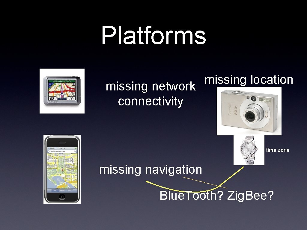 Platforms missing network connectivity missing location time zone missing navigation Blue. Tooth? Zig. Bee?