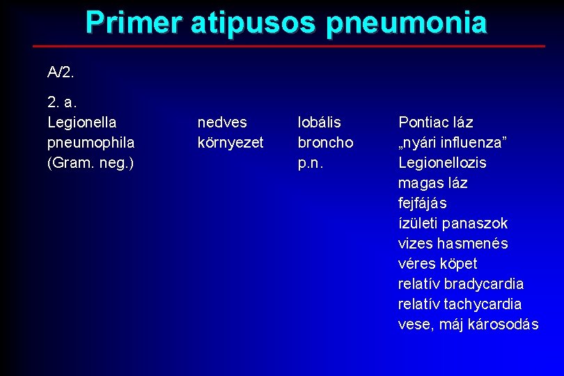 Primer atipusos pneumonia A/2. 2. a. Legionella pneumophila (Gram. neg. ) nedves környezet lobális