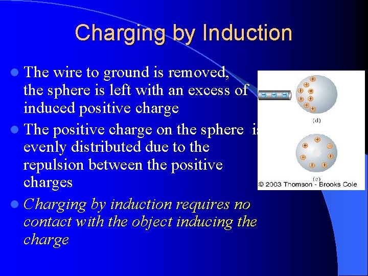 Charging by Induction l The wire to ground is removed, the sphere is left
