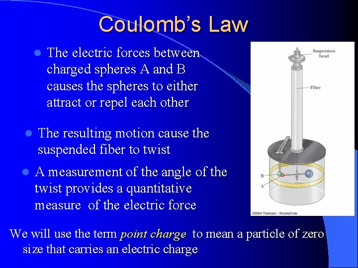 Coulomb’s Law l The electric forces between charged spheres A and B causes the