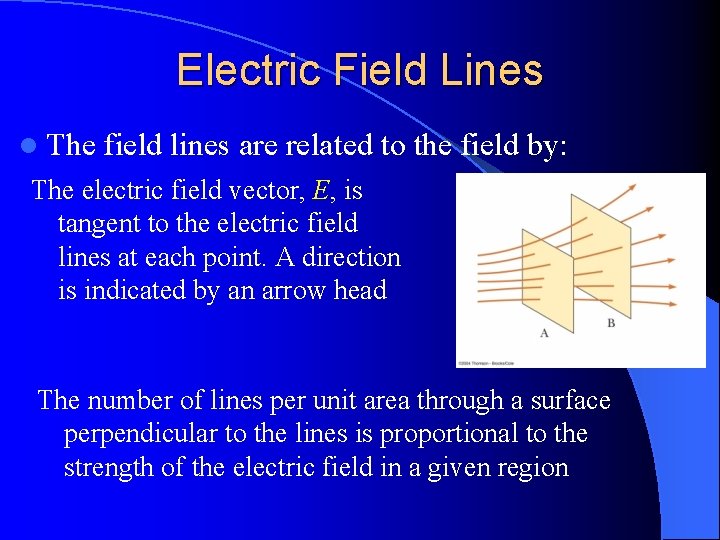 Electric Field Lines l The field lines are related to the field by: The