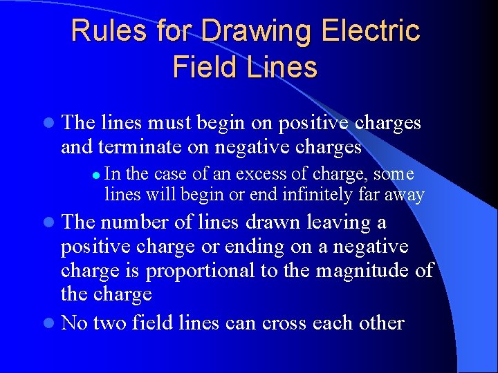 Rules for Drawing Electric Field Lines l The lines must begin on positive charges