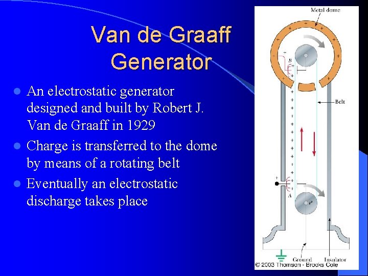 Van de Graaff Generator An electrostatic generator designed and built by Robert J. Van