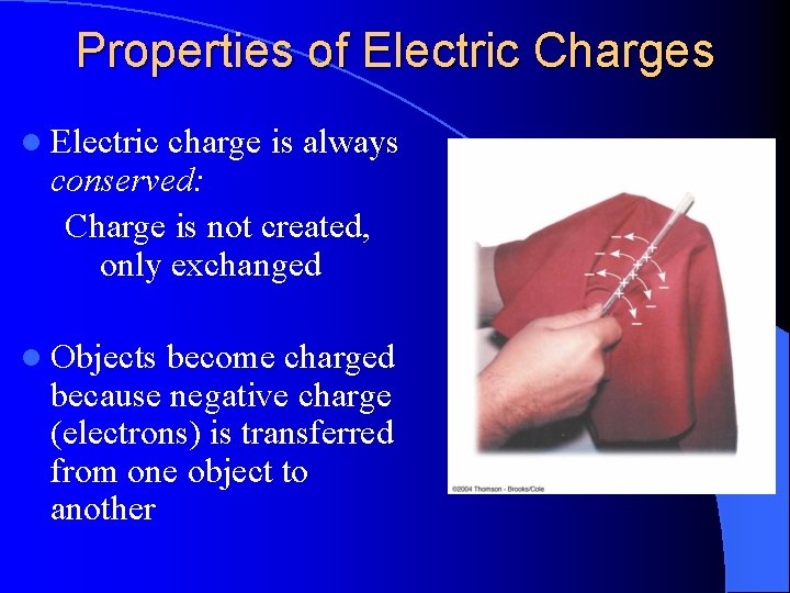 Properties of Electric Charges l Electric charge is always conserved: Charge is not created,