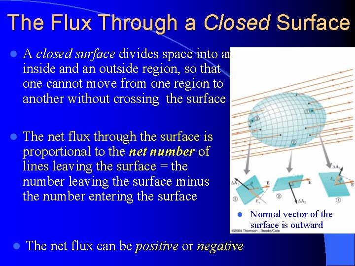 The Flux Through a Closed Surface l A closed surface divides space into an
