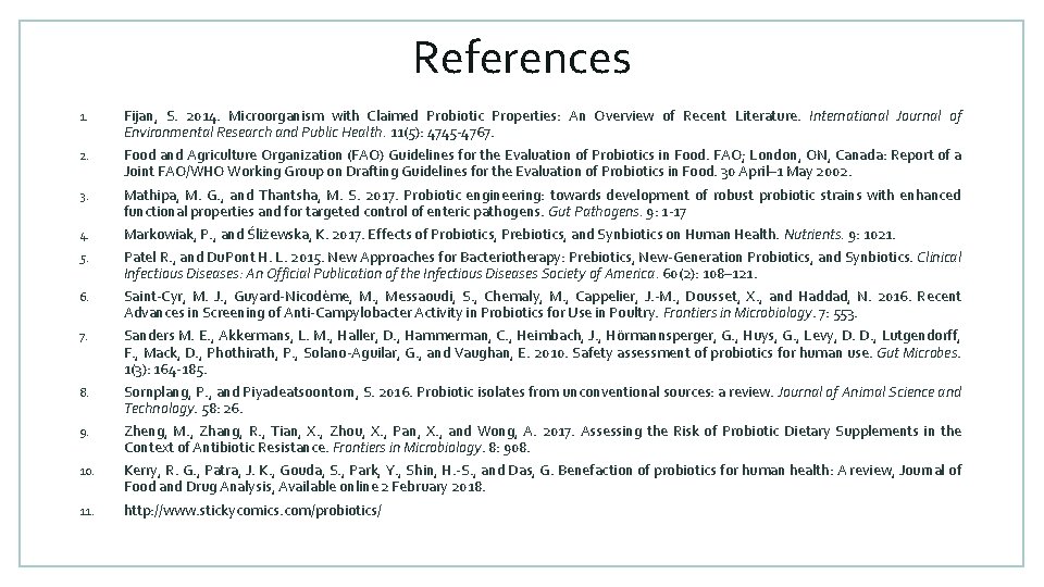 References 1. Fijan, S. 2014. Microorganism with Claimed Probiotic Properties: An Overview of Recent