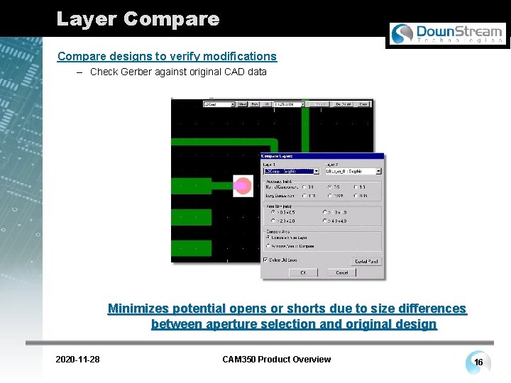 Layer Compare designs to verify modifications – Check Gerber against original CAD data Minimizes