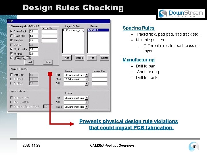 Design Rules Checking Spacing Rules – Track: track, pad: pad, pad: track etc… –