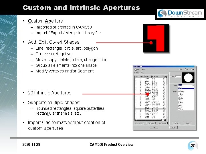 Custom and Intrinsic Apertures • Custom Aperture – Imported or created in CAM 350