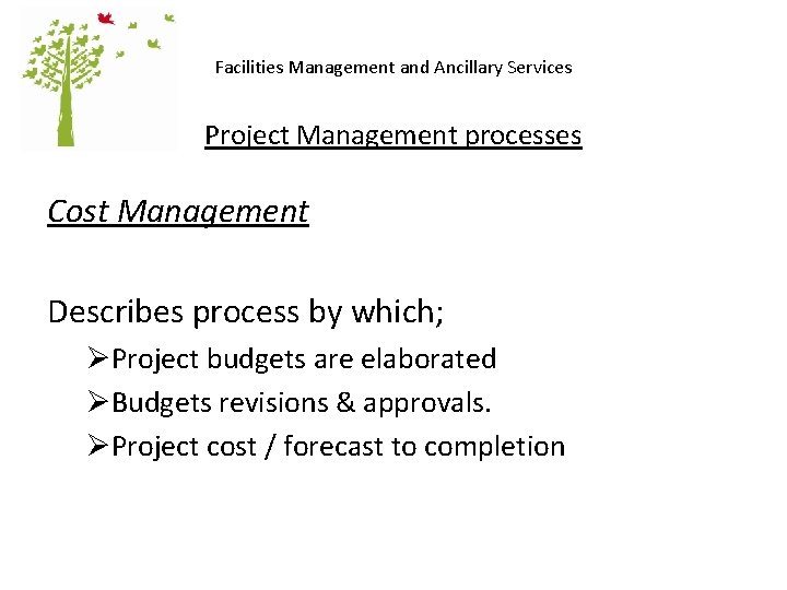 Facilities Management and Ancillary Services Project Management processes Cost Management Describes process by which;