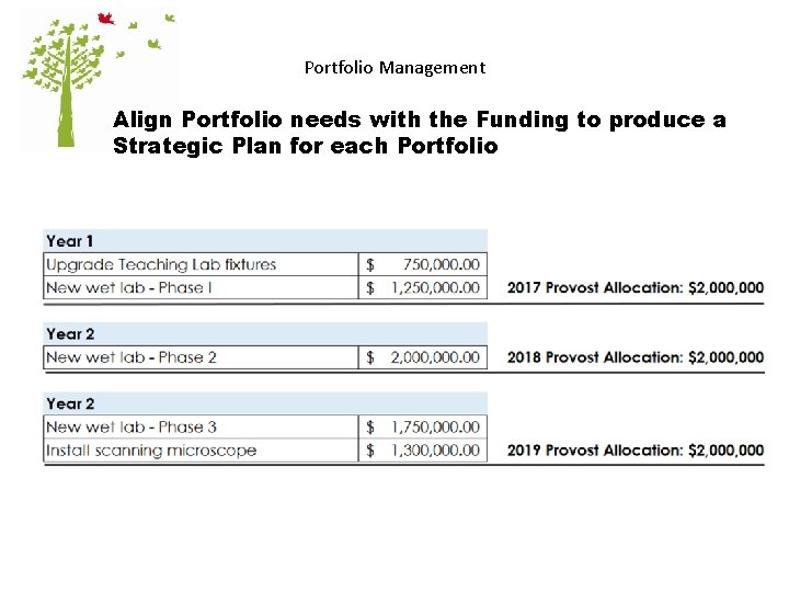 Portfolio Management Align Portfolio needs with the Funding to produce a Strategic Plan for