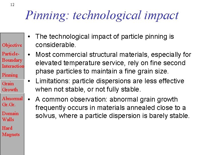 12 Pinning: technological impact Objective Particle. Boundary Interaction Pinning Grain Growth Abnormal Gr. Domain