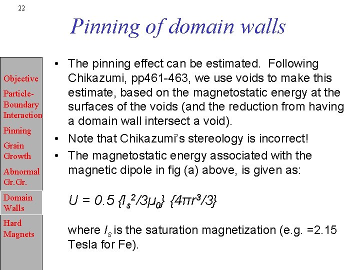 22 Pinning of domain walls Objective Particle. Boundary Interaction Pinning Grain Growth Abnormal Gr.