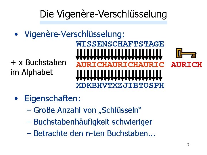 Die Vigenère-Verschlüsselung • Vigenère-Verschlüsselung: WISSENSCHAFTSTAGE + x Buchstaben im Alphabet AURICHAURICH XDKBHVTXZJIBTOSPH • Eigenschaften: