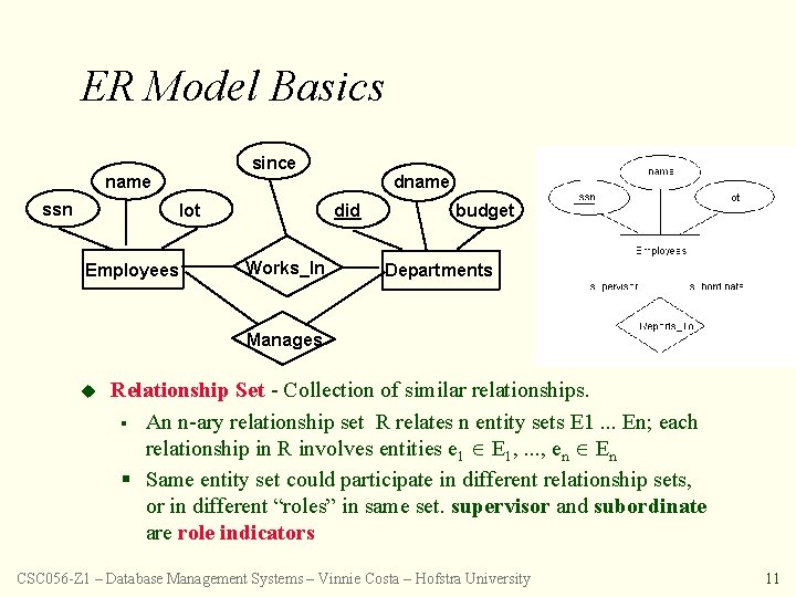 ER Model Basics since name ssn lot Employees dname did Works_In budget Departments Manages