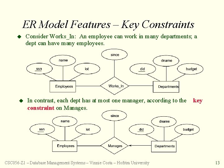 ER Model Features – Key Constraints u u Consider Works_In: An employee can work