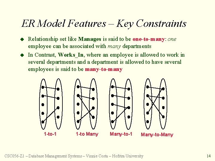 ER Model Features – Key Constraints u u Relationship set like Manages is said