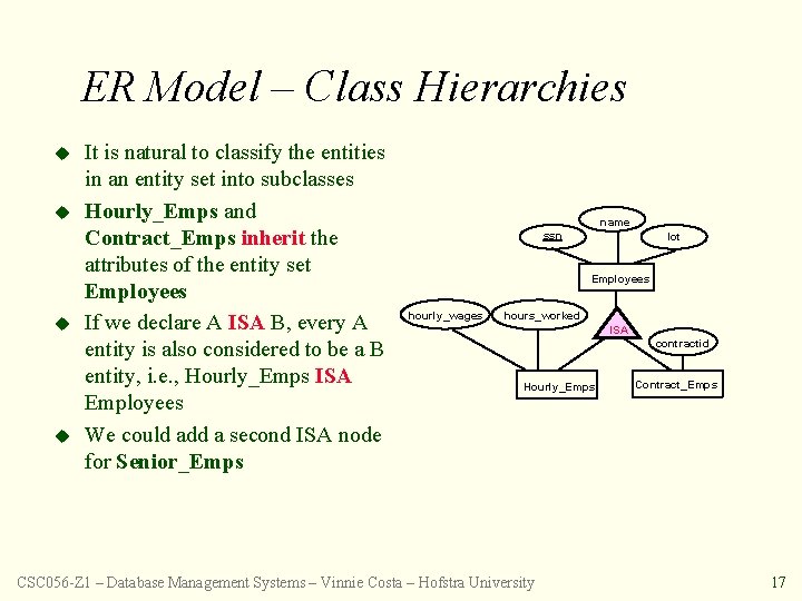 ER Model – Class Hierarchies u u It is natural to classify the entities