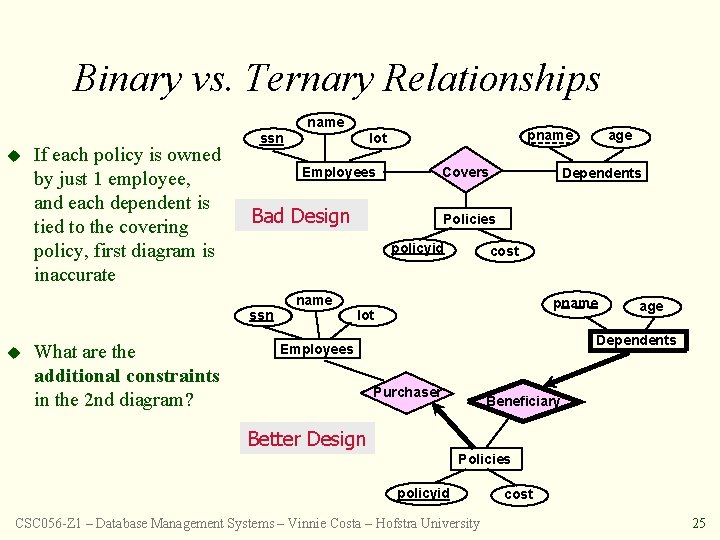 Binary vs. Ternary Relationships name u If each policy is owned by just 1