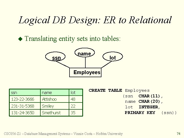 Logical DB Design: ER to Relational u Translating entity sets into tables: name ssn