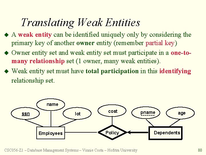 Translating Weak Entities u u u A weak entity can be identified uniquely only