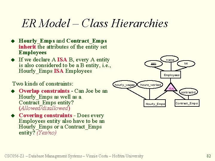 ER Model – Class Hierarchies u u Hourly_Emps and Contract_Emps inherit the attributes of