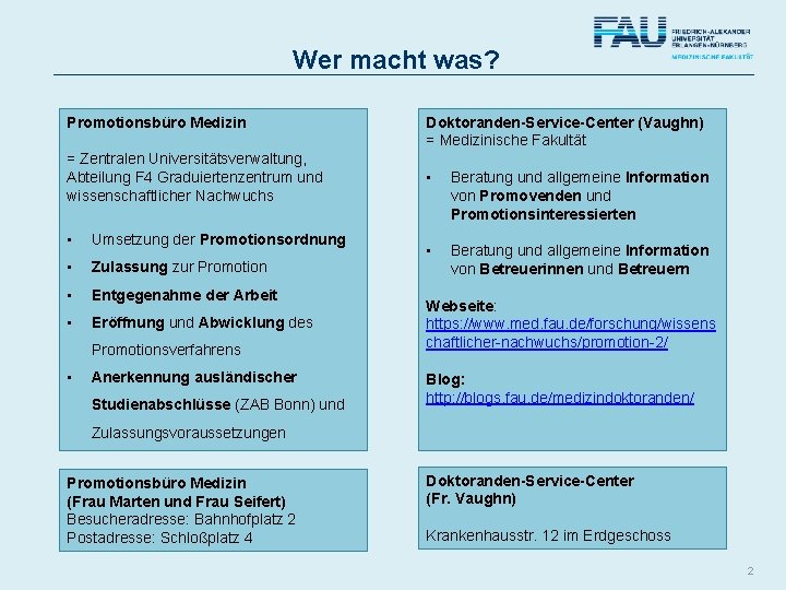 Wer macht was? Promotionsbüro Medizin = Zentralen Universitätsverwaltung, Abteilung F 4 Graduiertenzentrum und wissenschaftlicher