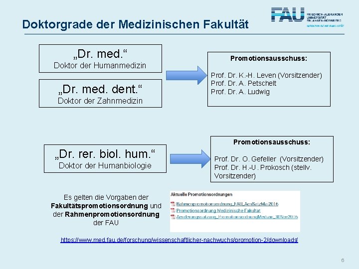 Doktorgrade der Medizinischen Fakultät „Dr. med. “ Doktor der Humanmedizin „Dr. med. dent. “