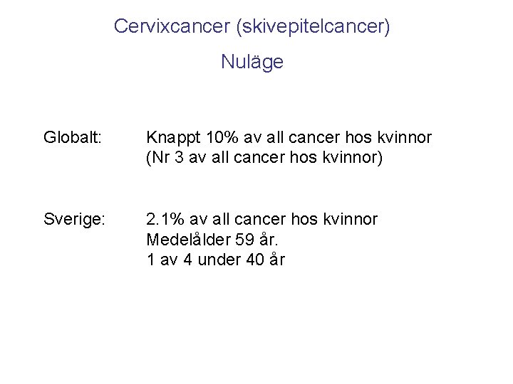 Cervixcancer (skivepitelcancer) Nuläge Globalt: Knappt 10% av all cancer hos kvinnor (Nr 3 av