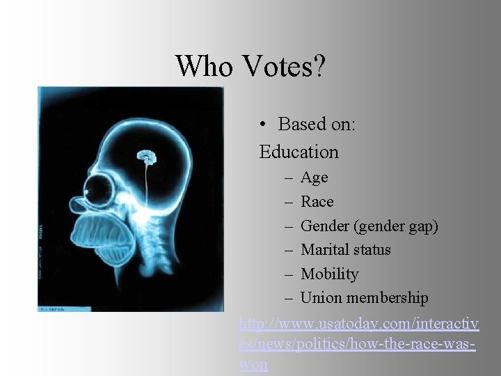 Who Votes? • Based on: Education – – – Age Race Gender (gender gap)
