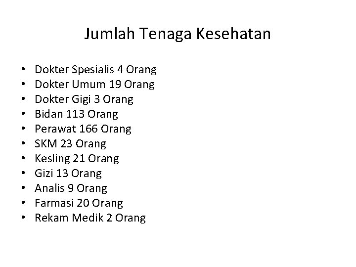 Jumlah Tenaga Kesehatan • • • Dokter Spesialis 4 Orang Dokter Umum 19 Orang