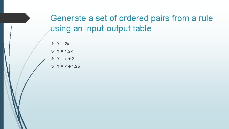 Generate a set of ordered pairs from a rule using an input-output table Y