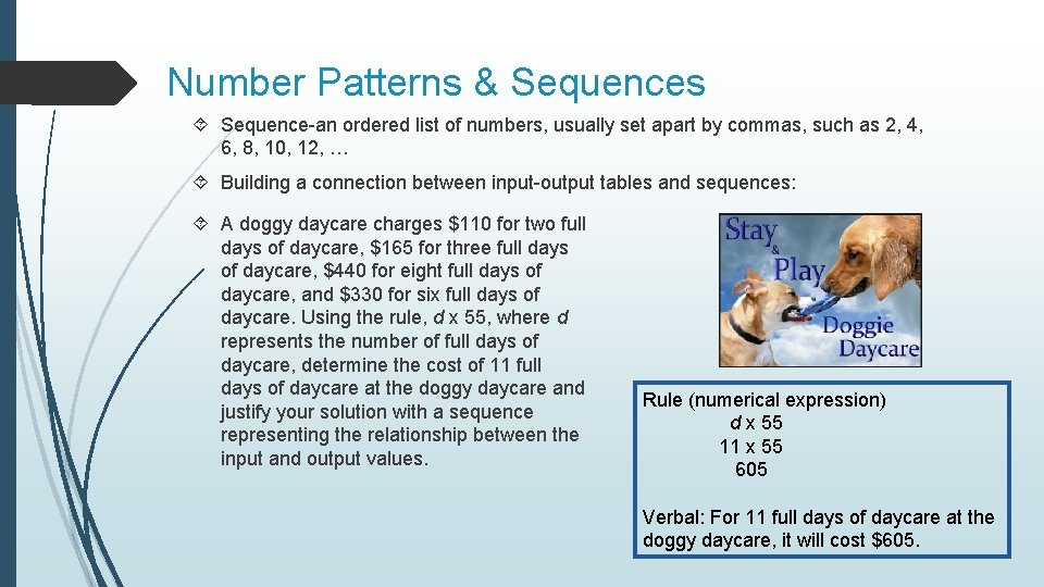 Number Patterns & Sequences Sequence-an ordered list of numbers, usually set apart by commas,
