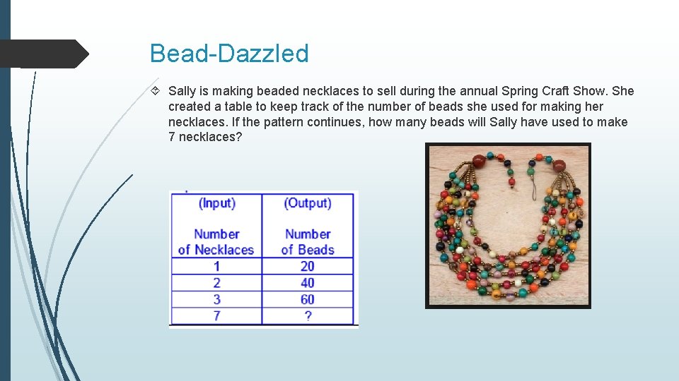 Bead-Dazzled Sally is making beaded necklaces to sell during the annual Spring Craft Show.