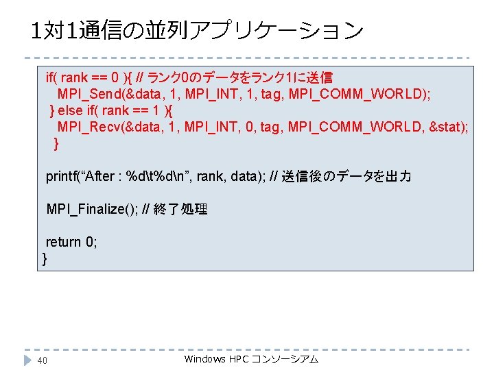 1対 1通信の並列アプリケーション if( rank == 0 ){ // ランク 0のデータをランク 1に送信 MPI_Send(&data, 1, MPI_INT,