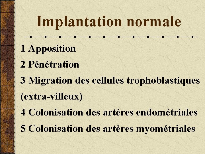  Implantation normale 1 Apposition 2 Pénétration 3 Migration des cellules trophoblastiques (extra-villeux) 4