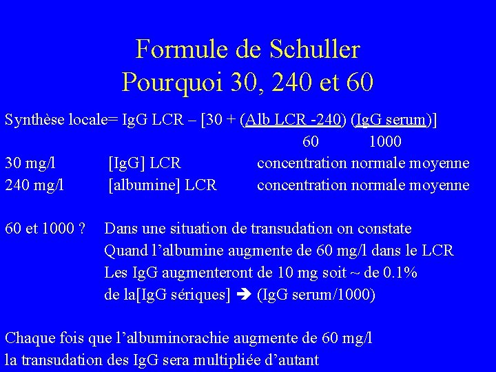 Formule de Schuller Pourquoi 30, 240 et 60 Synthèse locale= Ig. G LCR –